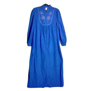 Vintage Adonna Royal Blue Velour Floral Embroidered Zip Front Nightgown Medium